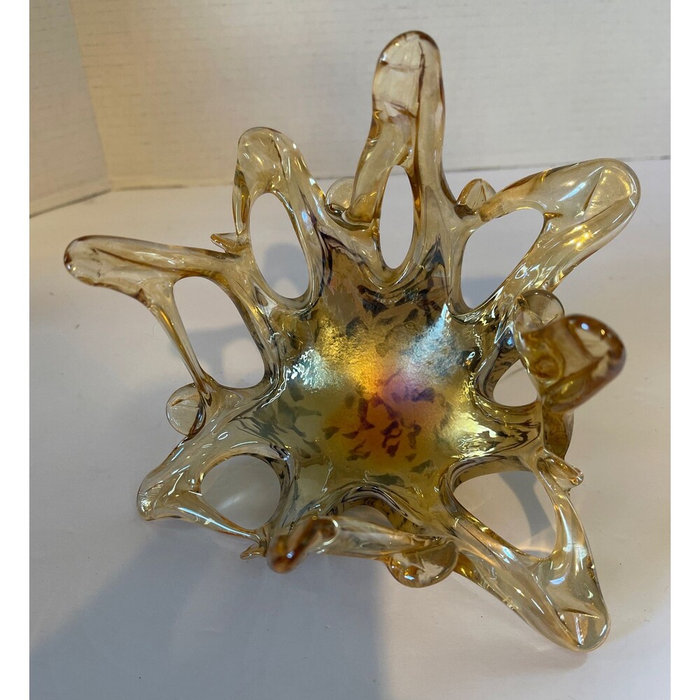 Murano Vetro Eseguito Giraffe Print Carnival Marigold Bowl Art Signed W/ Label